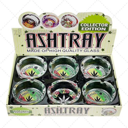 Round Glass Ashtray 6pcs Display - 420 LEAF