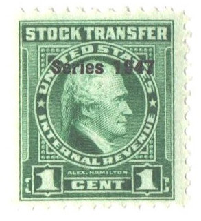 RD235 1947 1c Stock Transfer Stamp, bright green, watermark, perf 11