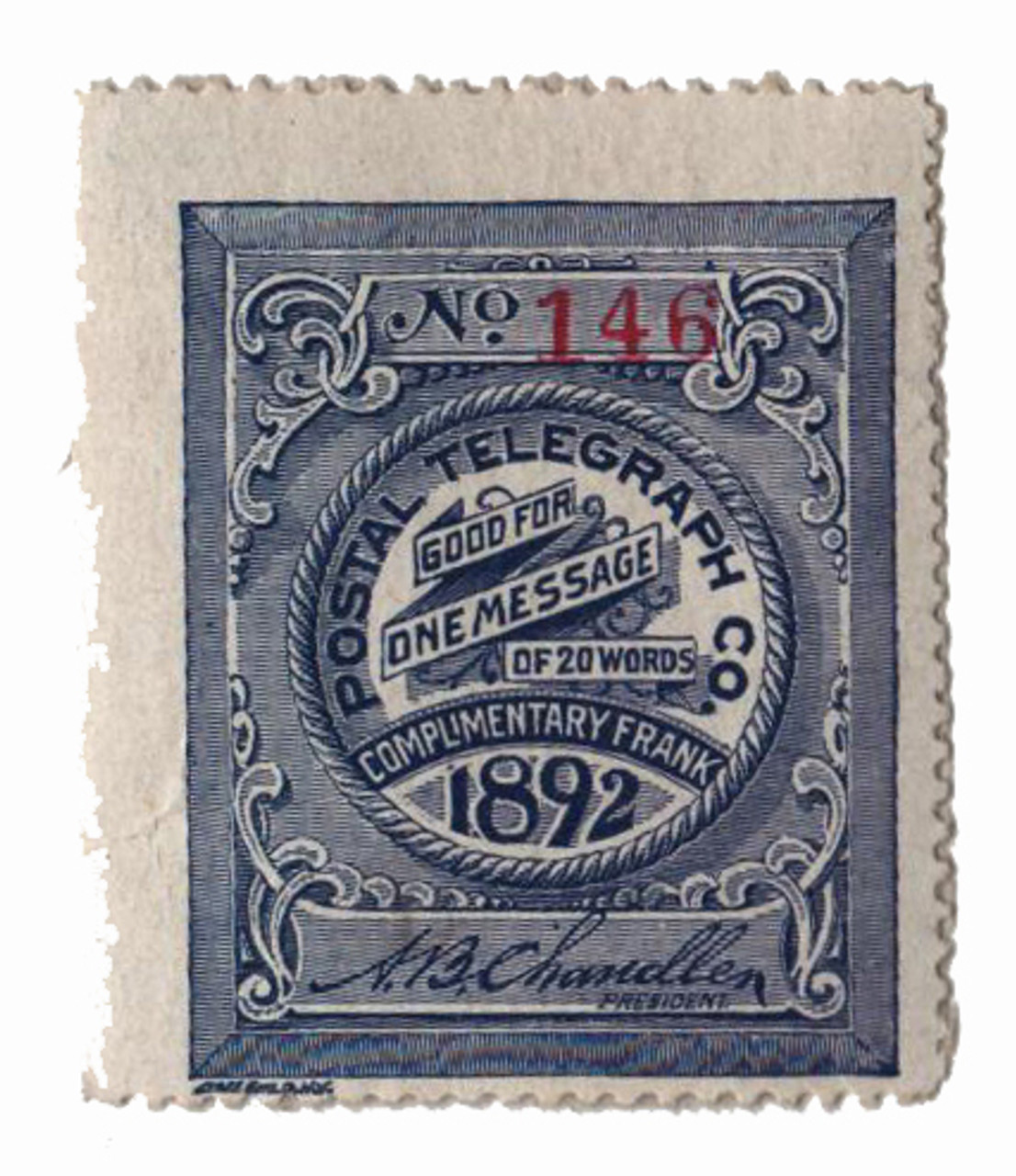 15T5 - 1892 Postal Telegraph Co. Stamp - blue-gray, perf 14 