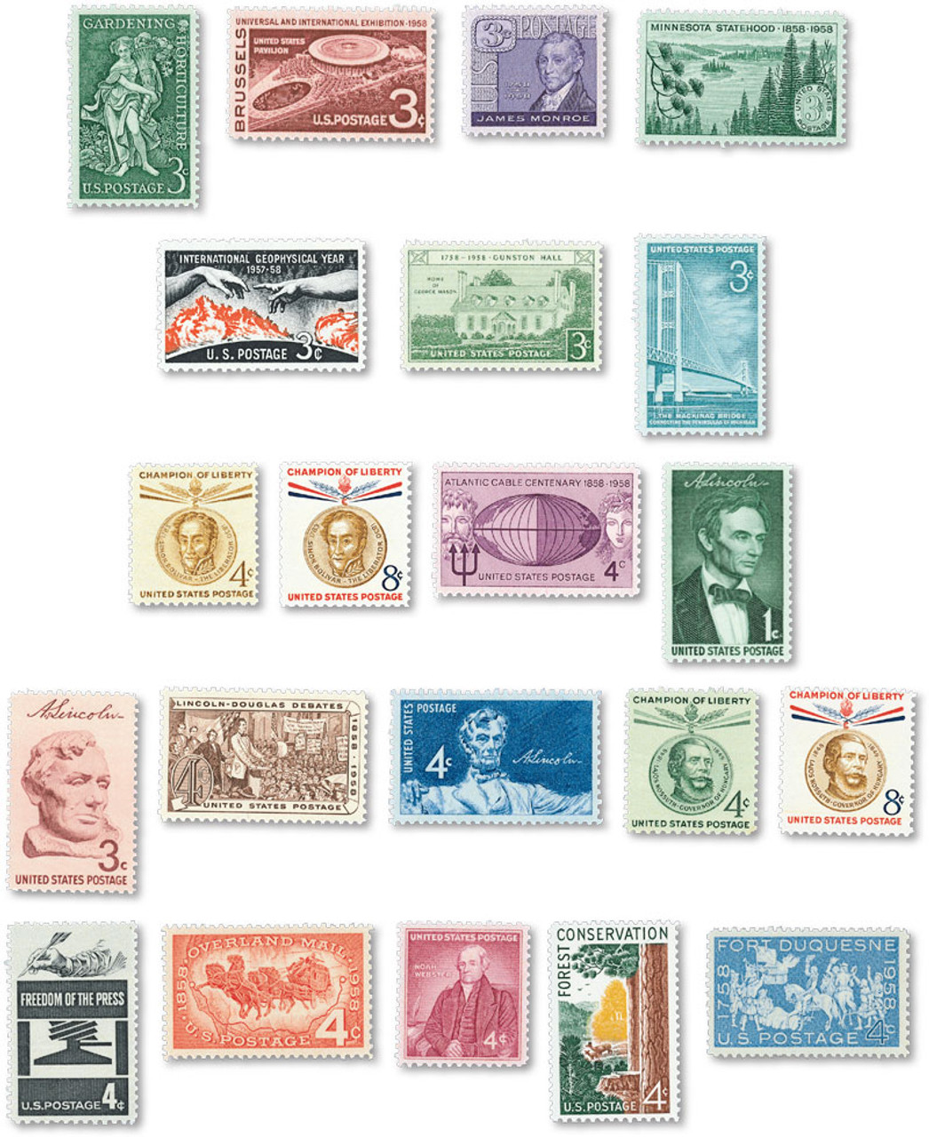 YS1958C - 1958 Commemorative Stamp Year Set, 21 stamps - Mystic 