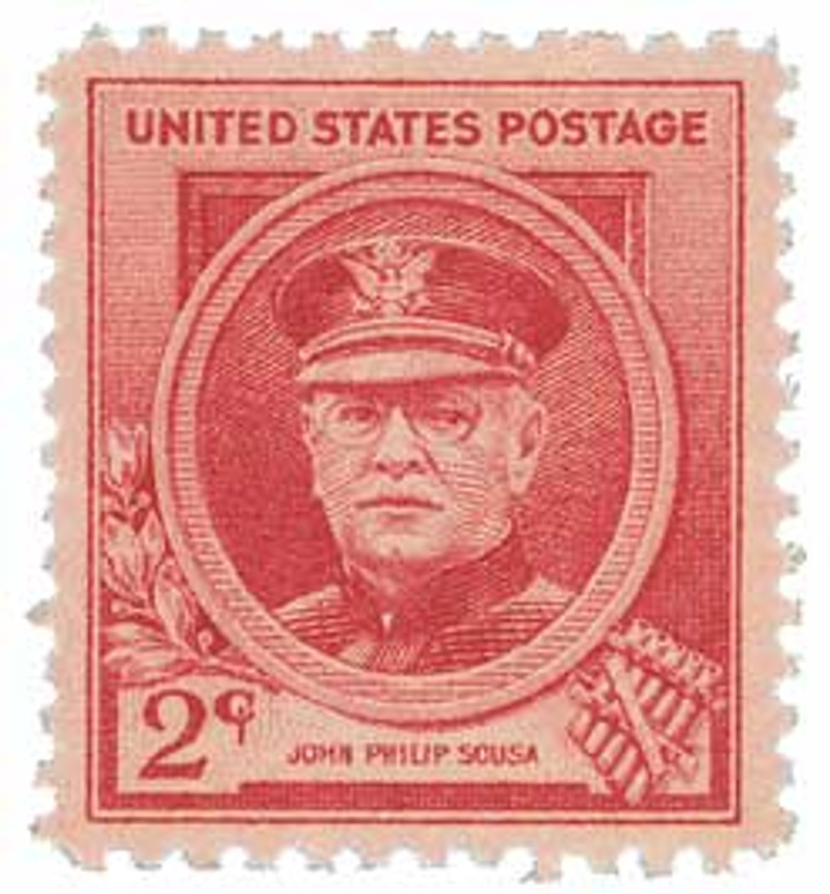 First Day of Issue envelope with portrait stamp of Sousa within decorative  border and U.S. Honors Famous Americans printed in red at left, with block  of four 2-cent commemorative postal stamps, postmarked