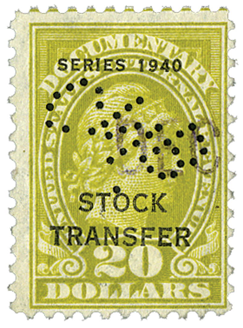 RD60 1940 20 Stock Transfer Stamp, olive bister, engraved, perf 11