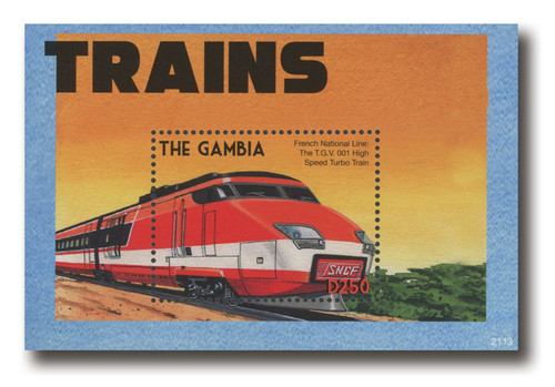 MFN444  - 2021 D250 Trains: French National Line: The T.G.V 001 High Speed Turbo Train, Mint Souvenir Sheet, Gambia