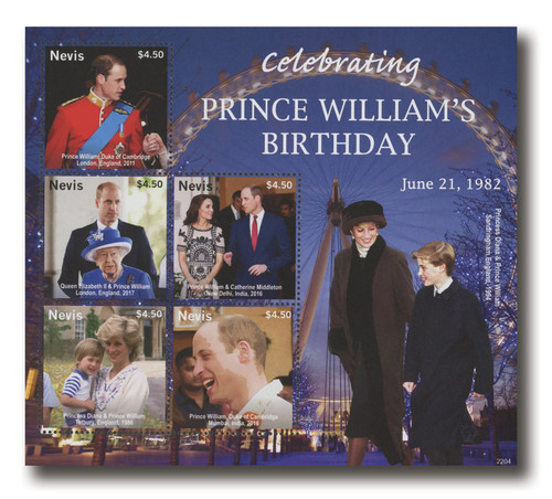 MFN447  - 2022 $4.50 Celebrating Prince William's 40th Birthday, Mint Sheet of 5, Nevis