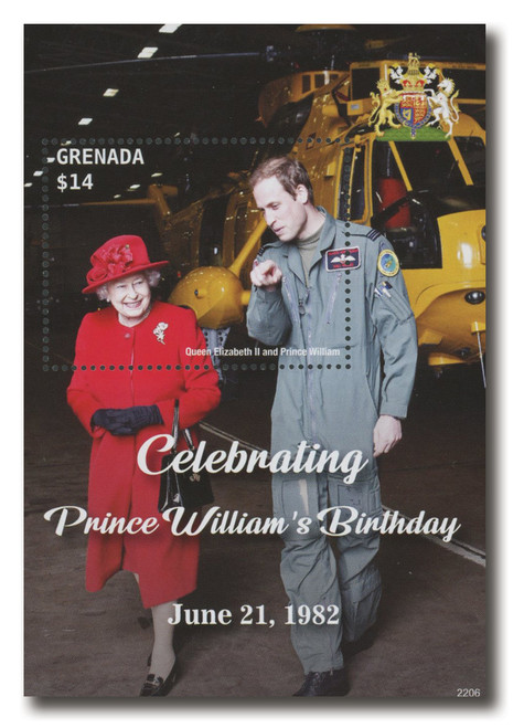 MFN450  - 2022 $14 Celebrating Prince William's 40th Birthday, Prince William with Queen Elizabeth II, Souvenir Sheet, Grenada