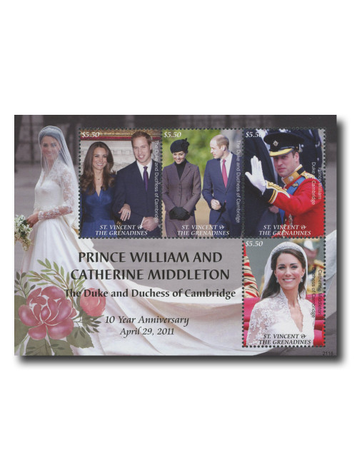 MFN454  - 2021 $5.50 Prince Willaim and Catherine Middleton 10 Year Anniversary, Mint Sheet of 4, St Vincent