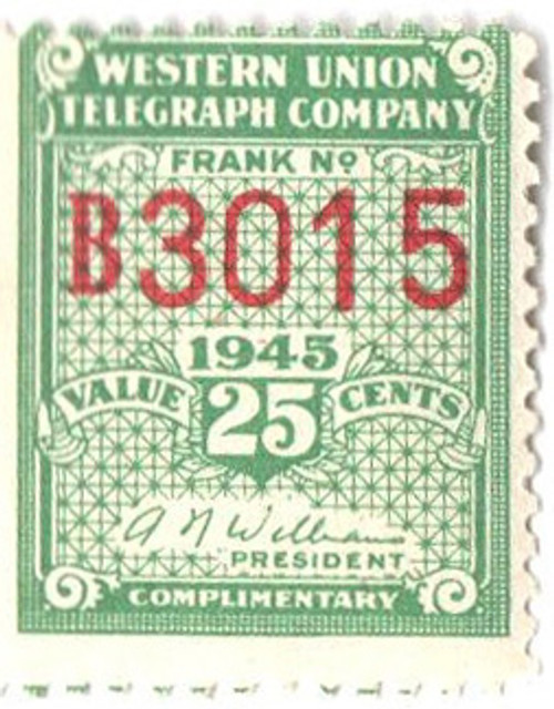 16T113  - 1945 25c light green,perf 12.5, Williams