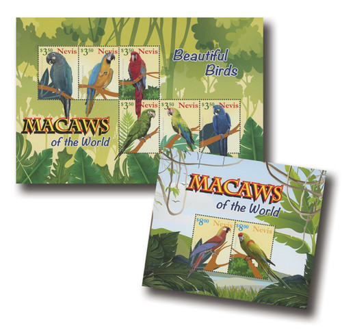 MFN429  - 2021 Beautiful Birds - Macaws of the World, 1 Mint Sheet of 6 and 1 Mint Souvenir Sheet of 2, Nevis