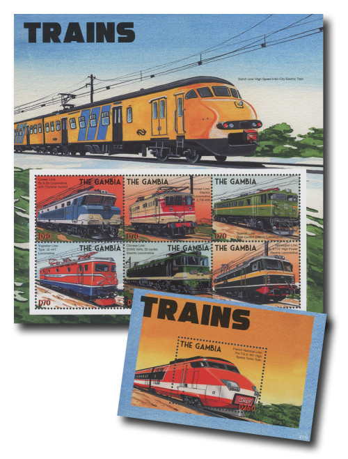 MFN445  - 2021 Train, 1 Mint Sheet of 6 and 1 Souvenir Sheet, Gambia
