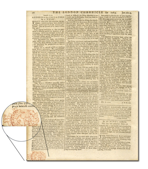 MA1884  - 1700's Great Britain Newspaper Tax Stamp, Typical Strike, 70-80% Visible