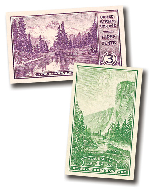 750a-51a  - 1934 3c Mt. Rainer and 1c Yosemite, imperforate singles