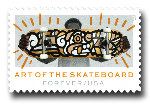 5766  - 2023 First-Class Forever Stamp - The Art of the Skateboard: Skateboard Design by MasPaz (Frederico Frum), Tan & White