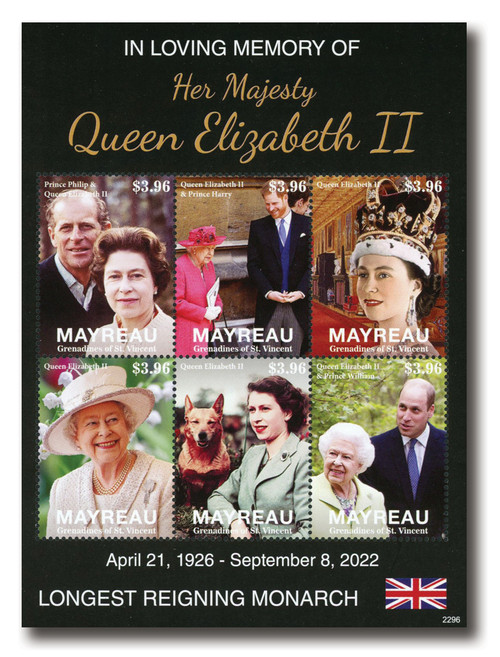 MFN514  - 2022 $3.96 In Loving Memory of Her Majesty Queen Elizabeth II, QEII & Prince Philip, Mint Sheet of 6, Mayreau