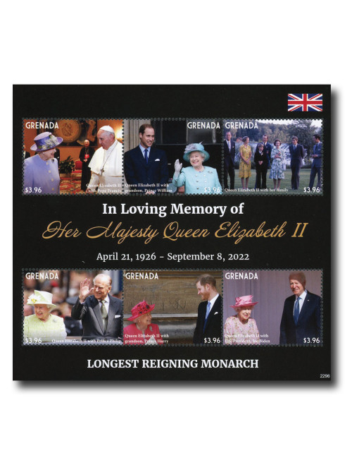 MFN515  - 2022 $3.96 In Loving Memory of Her Majesty Queen Elizabeth II, QEII & Pope Francis, Mint Sheet of 6, Grenada