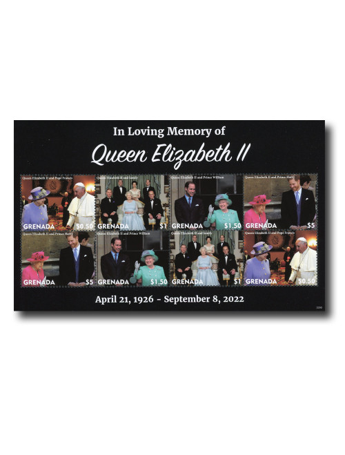 MFN516  - 2022 $0.50-$5 In Loving Memory of Her Majesty Queen Elizabeth II, QEII & Pope Francis, Mint Sheet of 8, Grenada