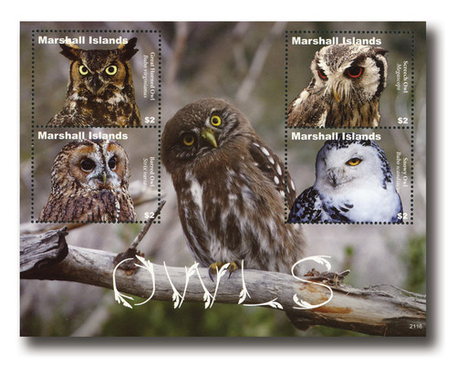 MFN540  - 2021 $5 Owls: Great Horned Owl, Mint Sheet of 4, Marshall Islands