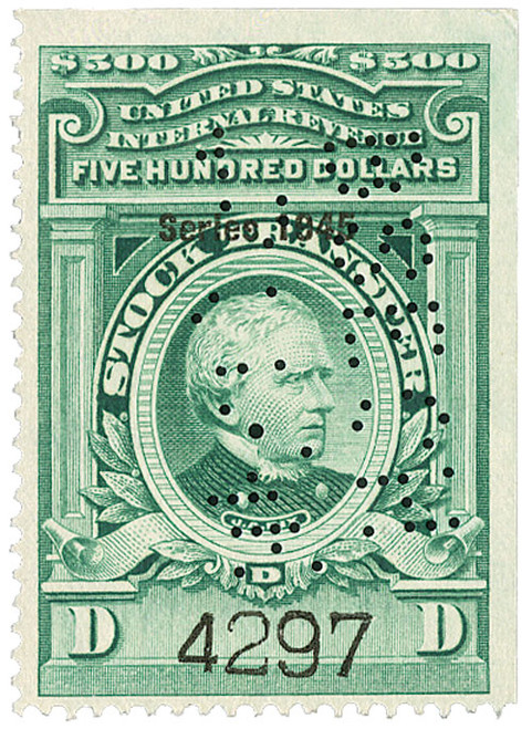 RD207 - 1945 $500 Stock Transfer Stamp, bright green, watermark, perf 12