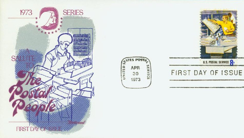 1493 FDC - 1973 8c Postal Service Employees: Mail Canceling