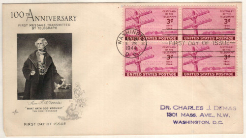 924 FDC - 1944 3c Centenary of the Telegraph