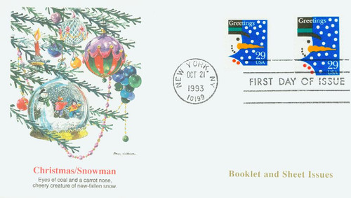 2793 FDC - 1993 29c Contemporary Christmas: Snowman