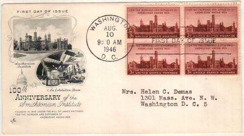 943 FDC - 1946 3c Smithsonian Institution