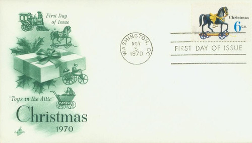 1416a FDC - 1970 6c Contemporary Christmas: Christmas Toys, Horse, precancel