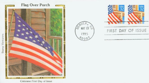 2914 FDC - 1995 32c Flag Over Porch, blue date, coil