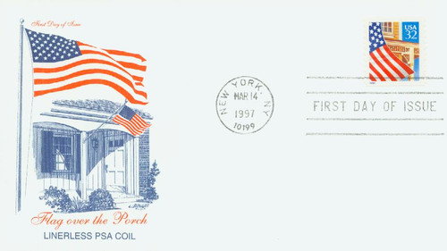 3133 FDC - 1997 32c Flag Over Porch, linerless coil