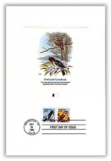 55714 FDC - 1988 25c Owl/Grosbeak Combination Proofcard