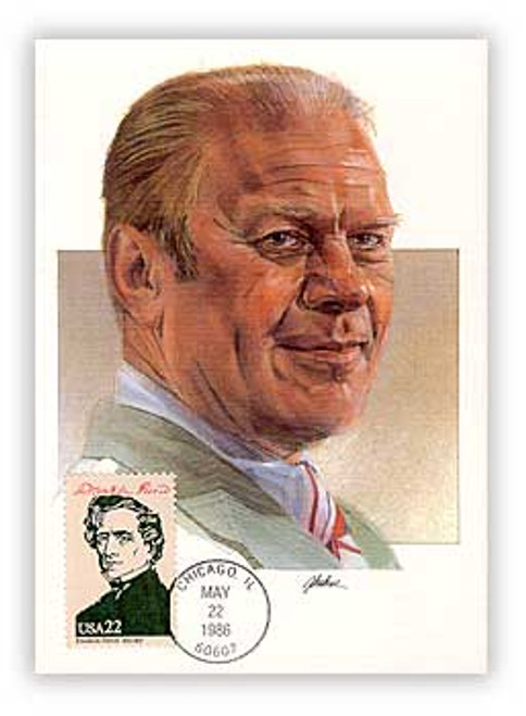 57345B FDC - 1986 Presidents Maxicard - Gerald Ford Cache with miscellaneous President Stamp