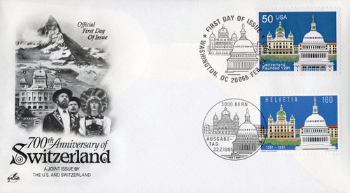 AC24 FDC - 1991 - Joint Issue - US and Switzerland - Switzedrland's 700th Anniversary