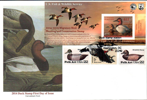 RW81A FDC - 2014 $15 Federal Duck Stamp - Canvasback Hunting Permit-pane