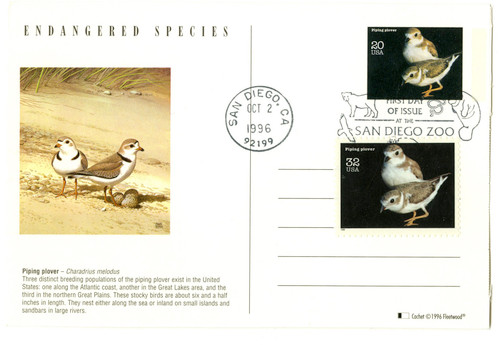 UX267 FDC - 1996 20c Cancelled PC-Piping Plover