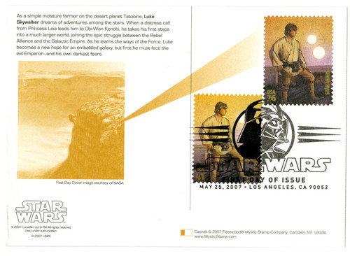 UX490x FDC - 2007 26c Star Wars-Skywalker w/stamp add