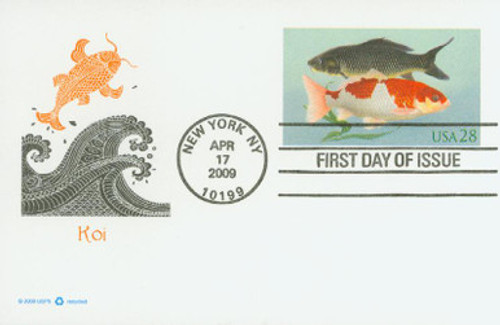 UX556 FDC - 2009 28c Koi, stamped card red & black