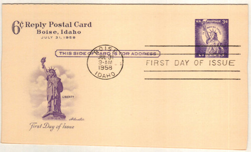 UY17 FDC - 1958 3c Postal Card - Statue of Liberty, purple