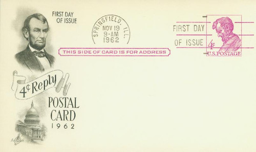 UY18 FDC - 1962 4c Postal Card - Violet Lincoln Reply
