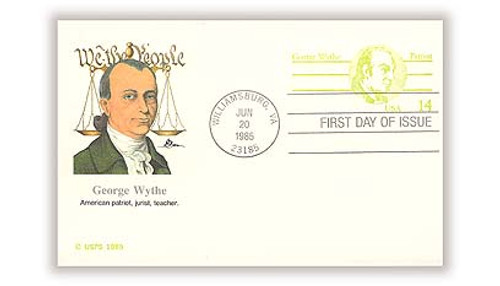 UY37 FDC - 1985 14c Postal Card - George Wythe