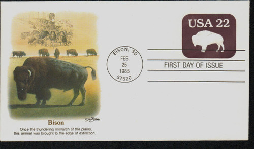 U608 FDC - 1985 22c American Buffalo Stamped Env.