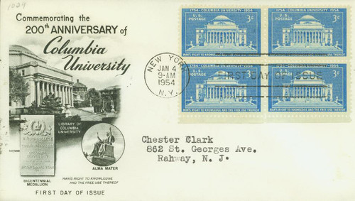 1029 FDC - 1954 3¢ Columbia University