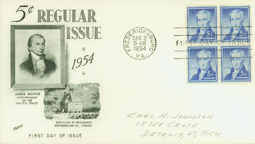 1038 FDC - 1954 Liberty Series - 5¢ James Monroe