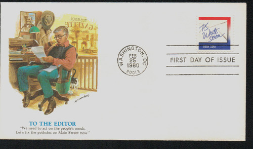 1810 FDC - 1980 15c Letter Writing: P.S. Write Soon, red and blue