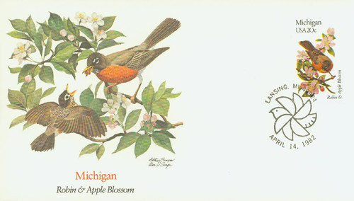 1974 FDC - 1982 20c State Birds and Flowers: Michigan