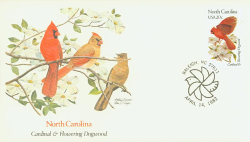 1985 FDC - 1982 20c State Birds and Flowers: North Carolina