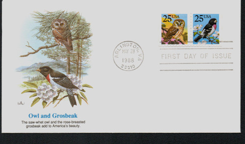2284-85 FDC - 1988 25c Owl and Grosbeak