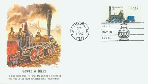 2366 FDC - 1987 22c Steam Locomotives: Gowan & Marx