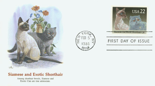 2372 FDC - 1988 22c Cats: Siamese and Exotic Shorthair