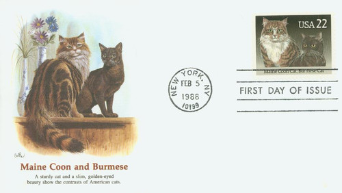 2374 FDC - 1988 22c Cats: Maine Coon and Burmese