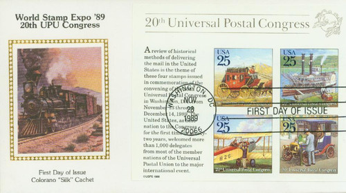 2438 FDC - 1989 25c Traditional Mail Delivery, souvenir sheet