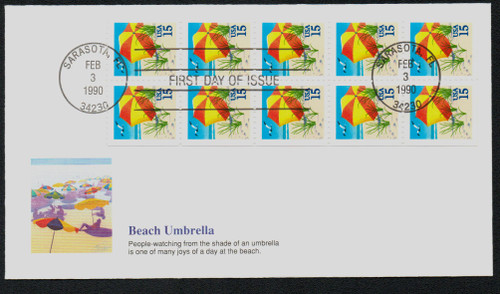 2443a FDC - 1990 15c Beach Umbrella, bklt pane of 10